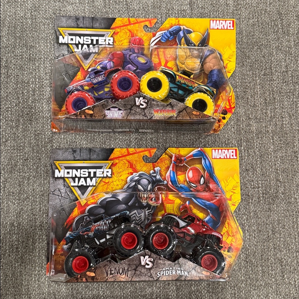 Lot of (4) Marvel Monster Jam Trucks Set - Venom Wolverine Spider-Man Sentineis